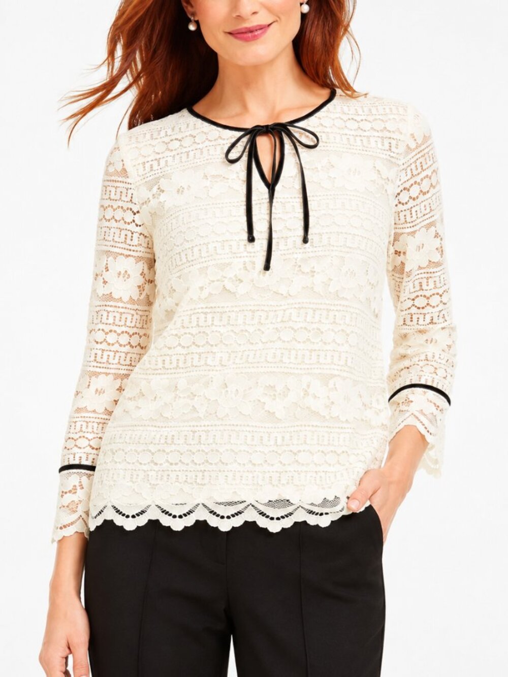 Talbots Petites Ivory Lace Blouse LP Tie Neck Coquette Romantic Parisian Top